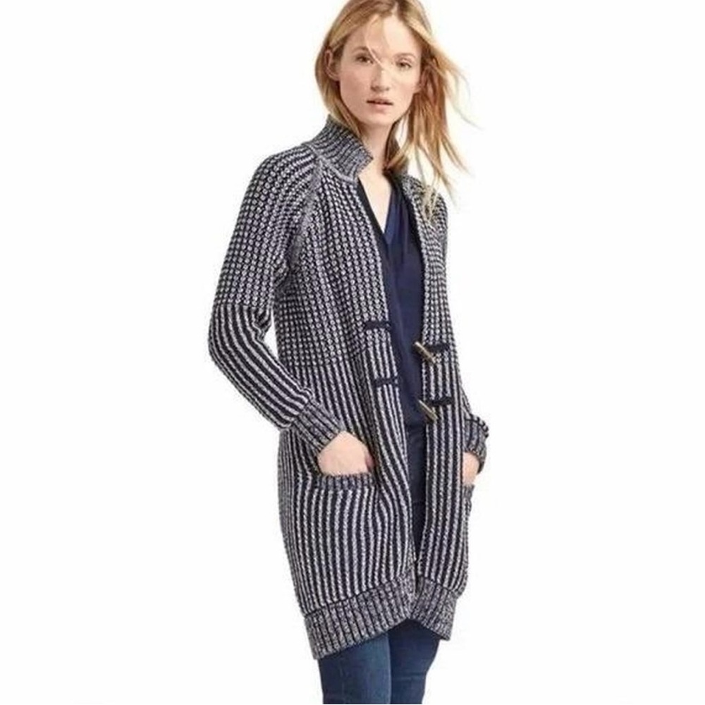GAP Black and White Striped Knit Toggle Cardigan Coatigan